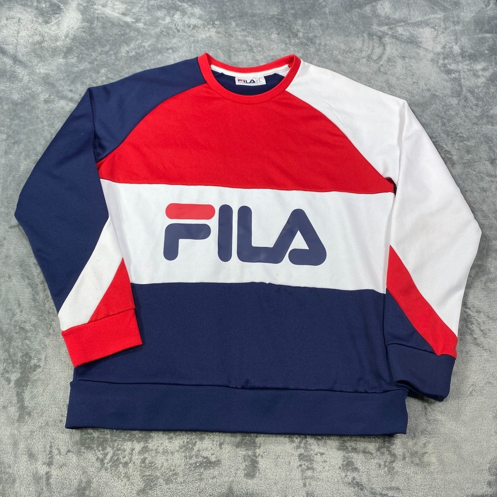 Vintage Fila Sweater Mens Mediu Red Blue Colorblock Geometric Striped Fleece Y2K
